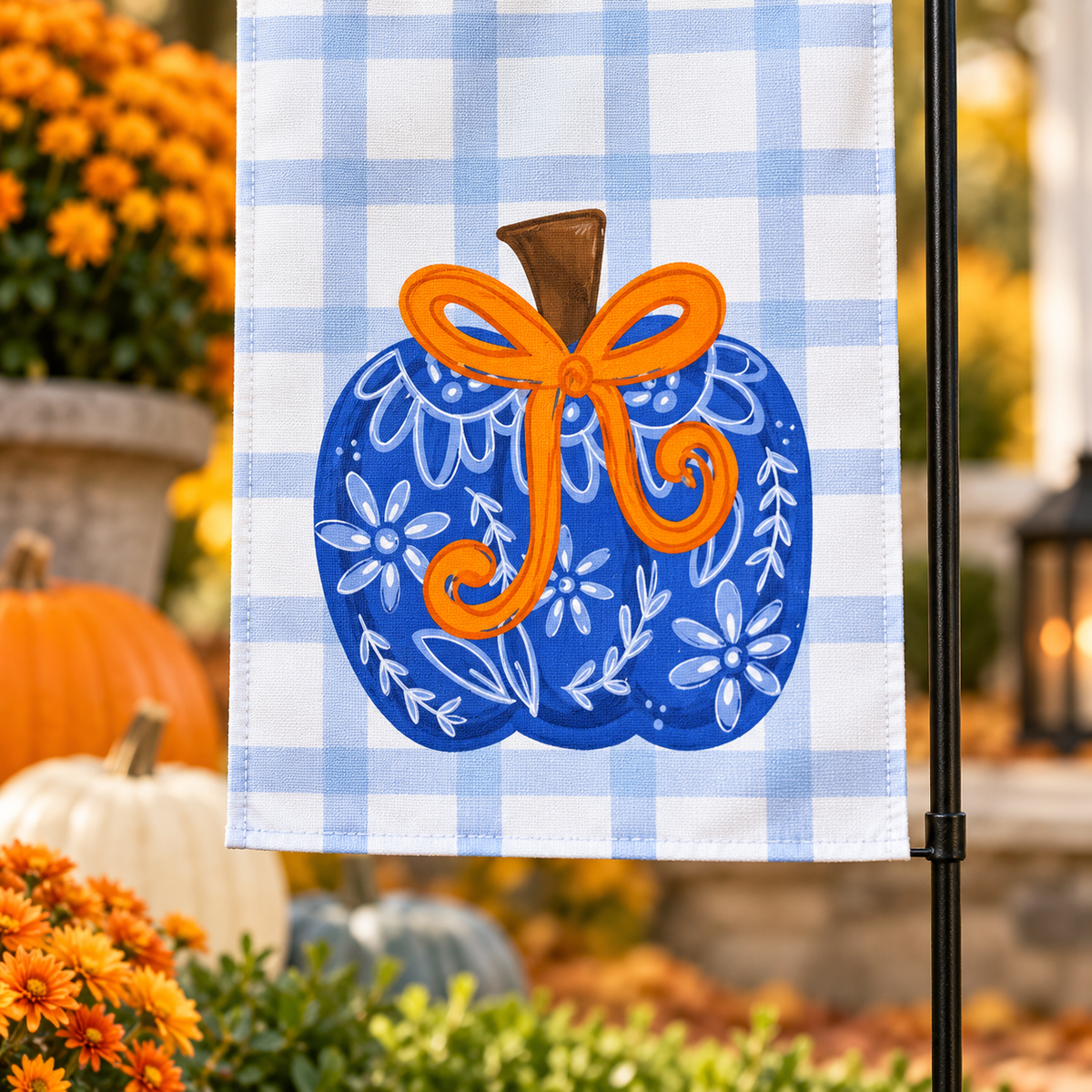 Blue Chinoiserie Bow Pumpkin Garden Flag