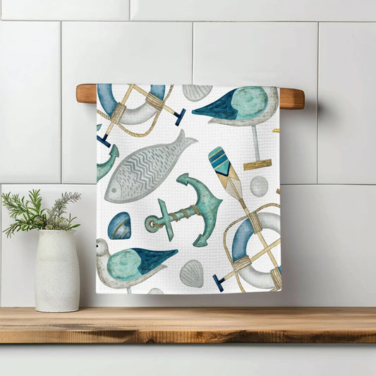 Nautical Anchor Beach Ocean Sea Kitchen Towel Waffle Gift by Canary Road
