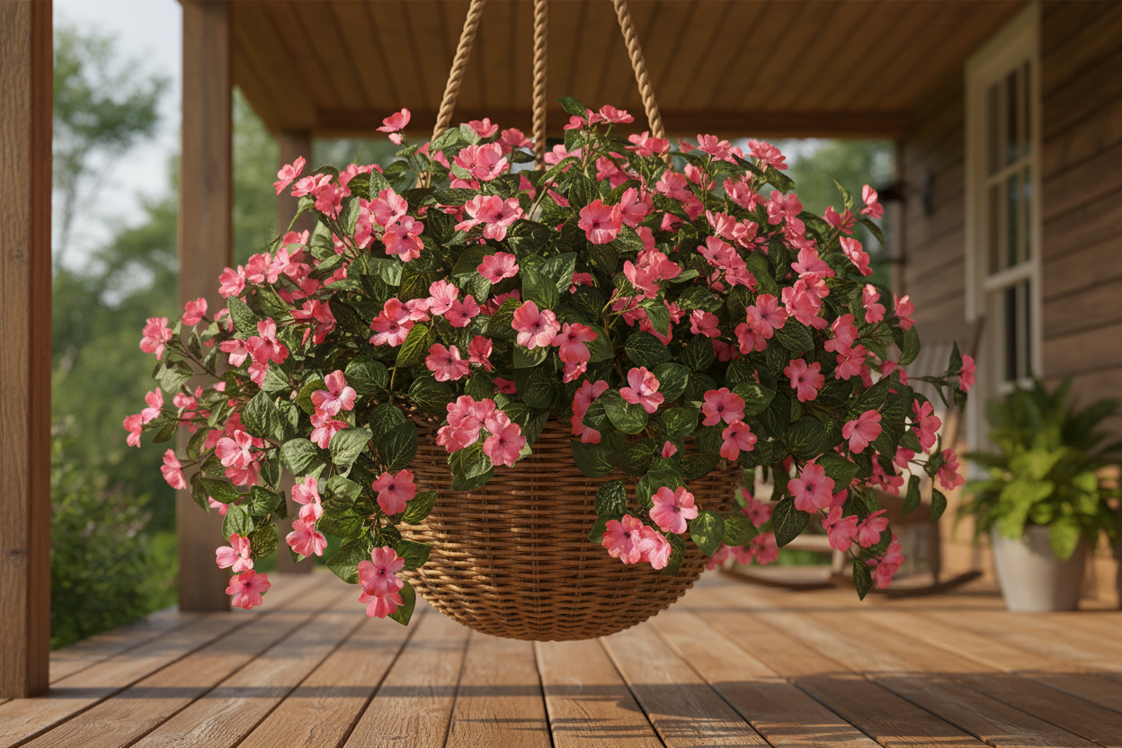 Artificial Hanging Impatiens Flower - Coral, Pink or White