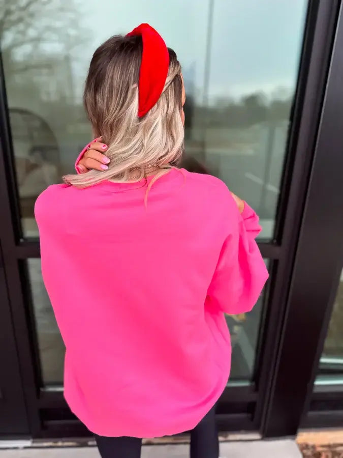 "You Look Like You Love Me" Neon Pink Split Neck Graphic Crew