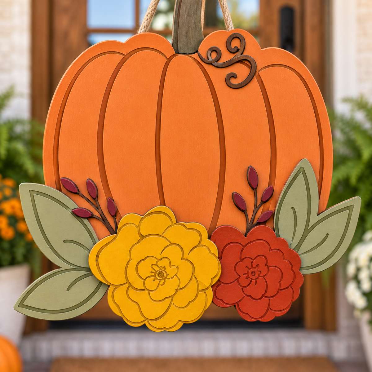 Harvest Blooms Pumpkin Door Hanger