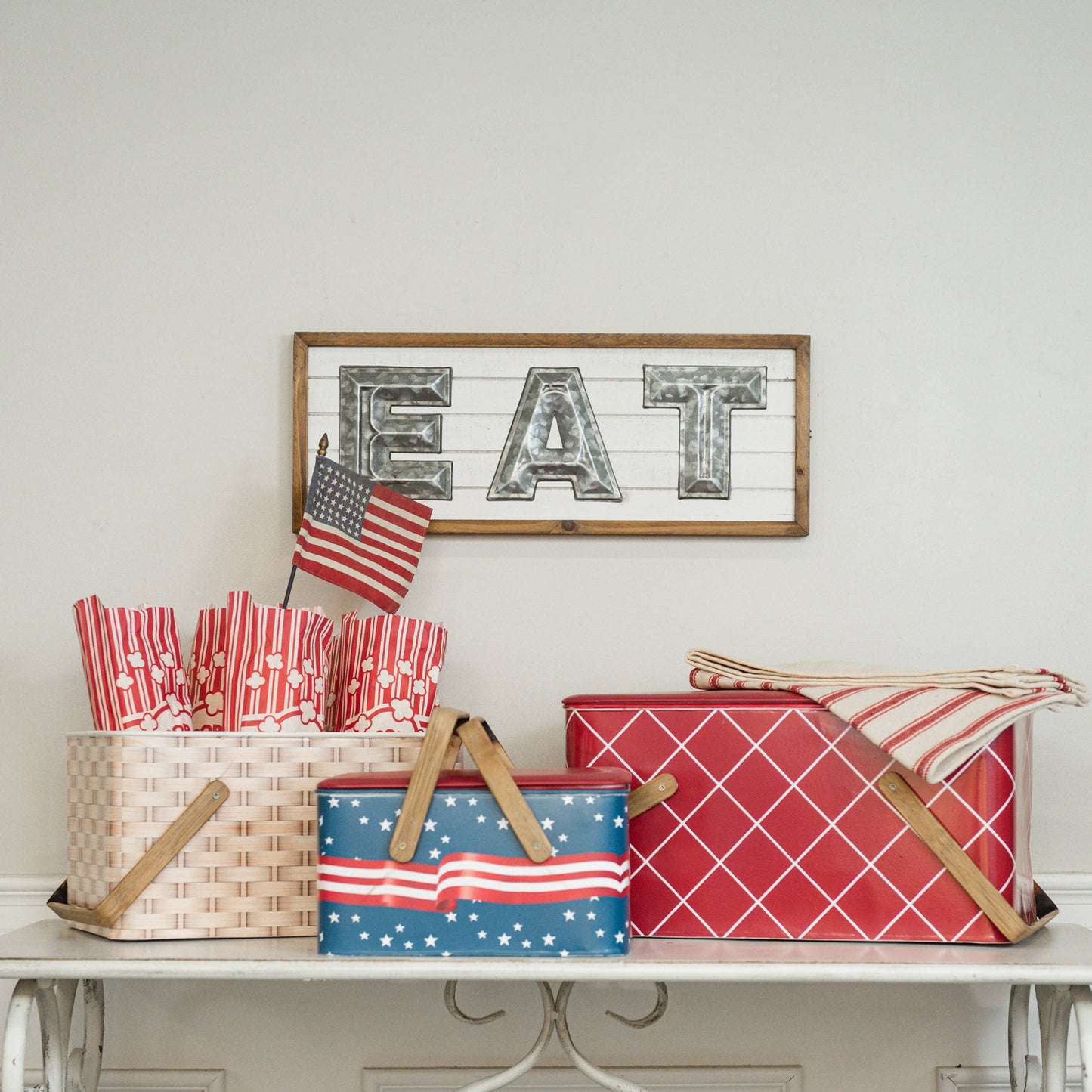 RED, WHITE & BLUE METAL PICNIC BASKETS