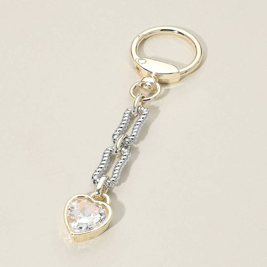 14K Gold Plated Two Tone Heart CZ Stone Drop Keychain Bag Charm