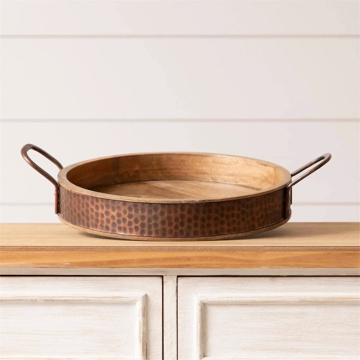 Tray - Round Wood With Dimpled Copper - 49th & Magnolia