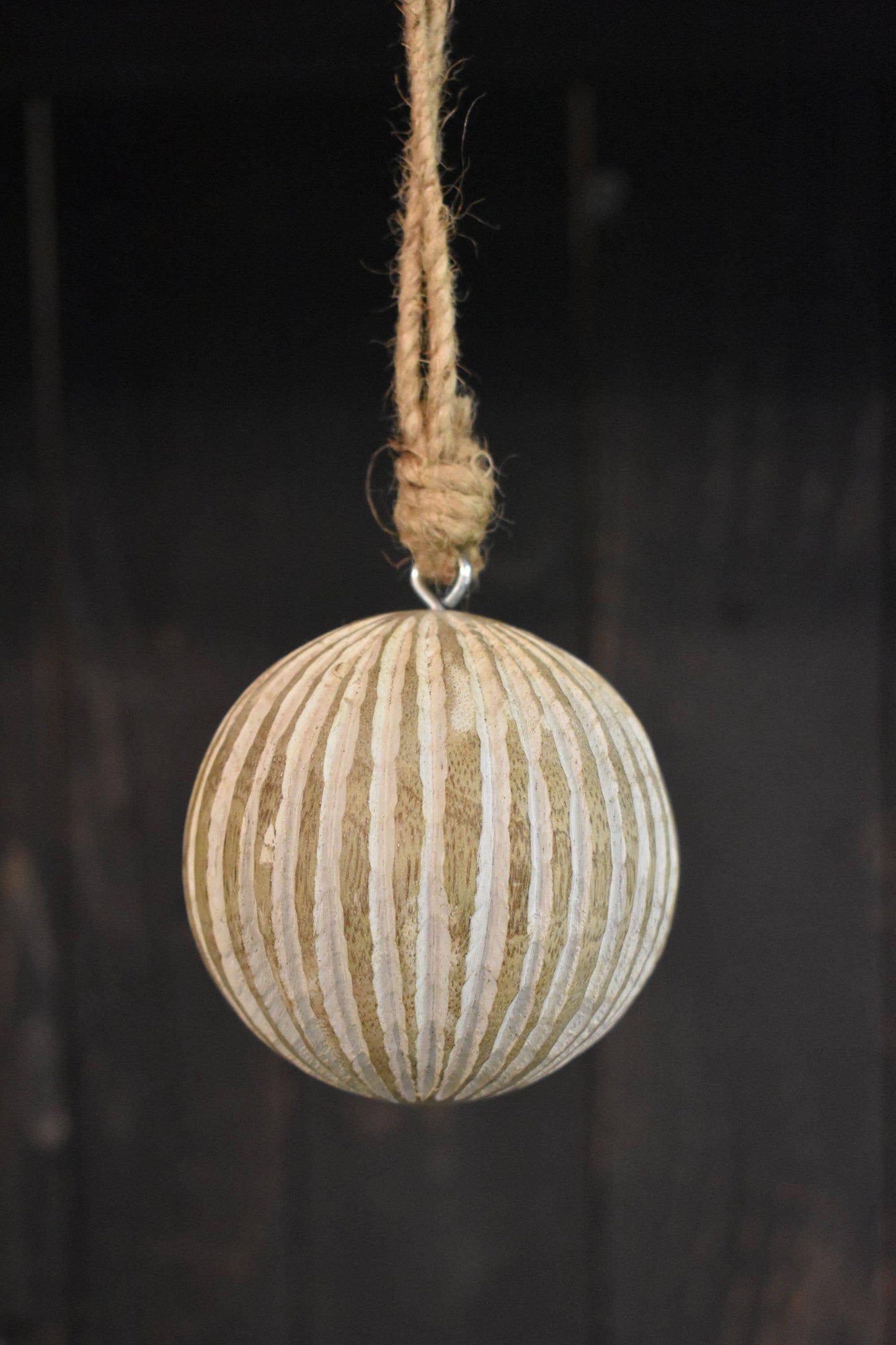 Striped Carved Mangowood Hanging Ball Ornament 2.5in - 49th & Magnolia