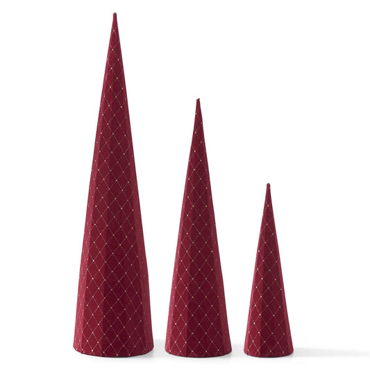 Burgundy Velvet Cone Trees w/Gold Glitter (Set of 3)