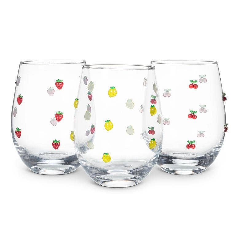 Stemless Wine Glass with Cherries-4.5"H(18oz)