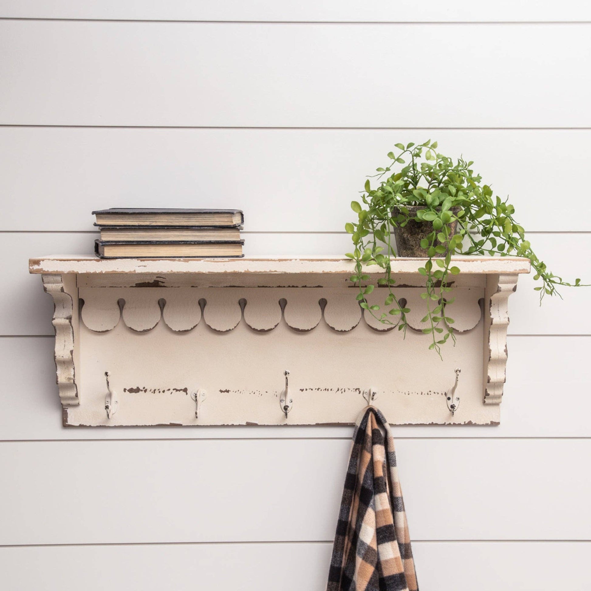 White Cottage Shelf With Hooks - 49th & Magnolia