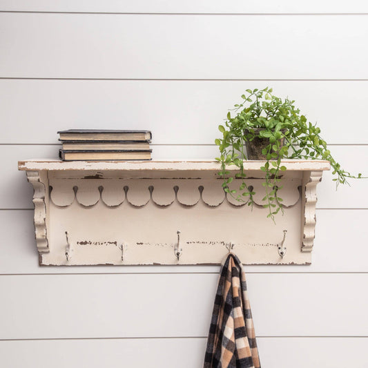 White Cottage Shelf With Hooks - 49th & Magnolia