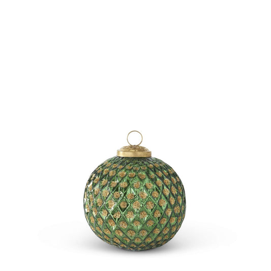 4 Inch Green w/Gold Glitter Glass Diamond Embossed Round Ornament