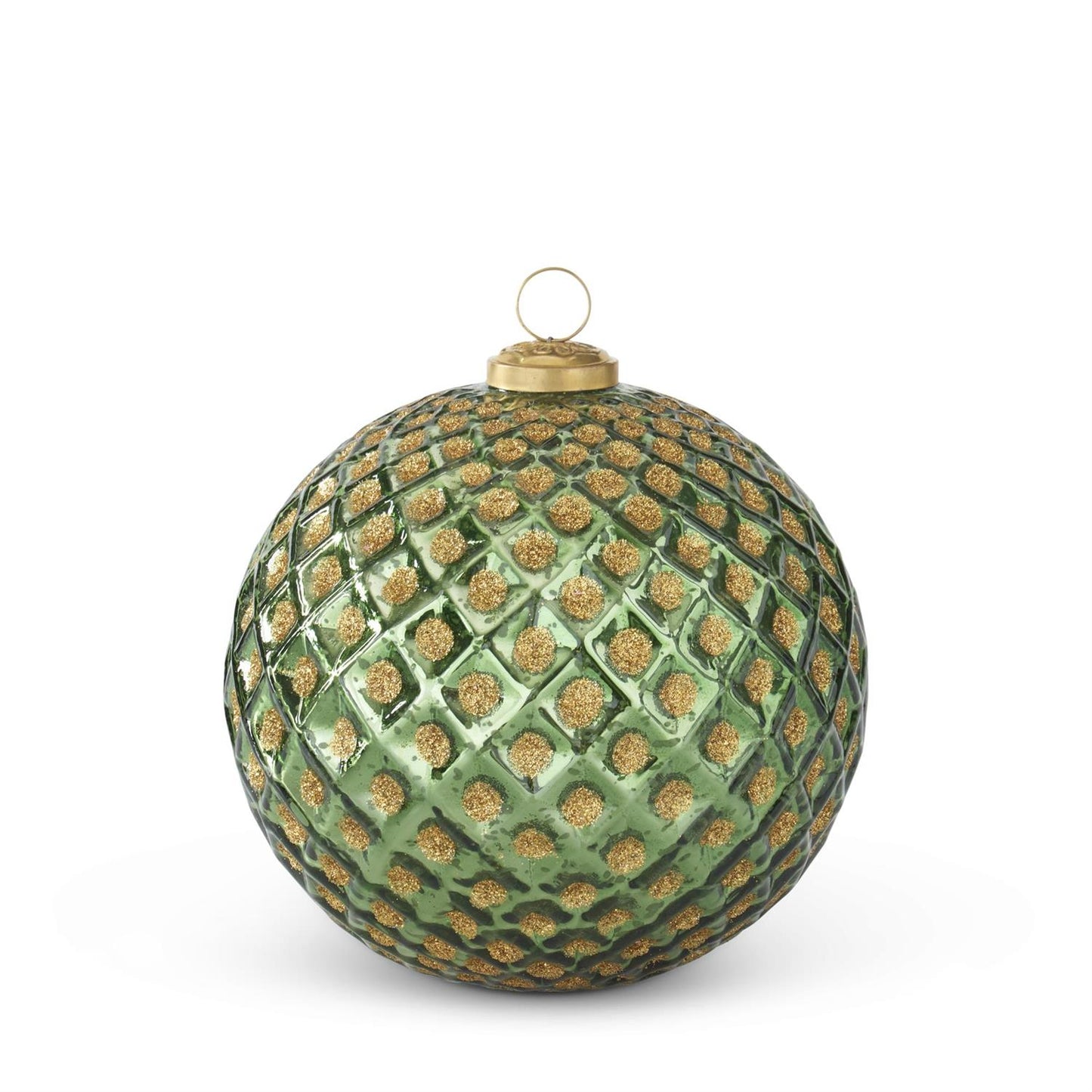 6 Inch Green w/Gold Glitter Glass Diamond Embossed Round Ornament