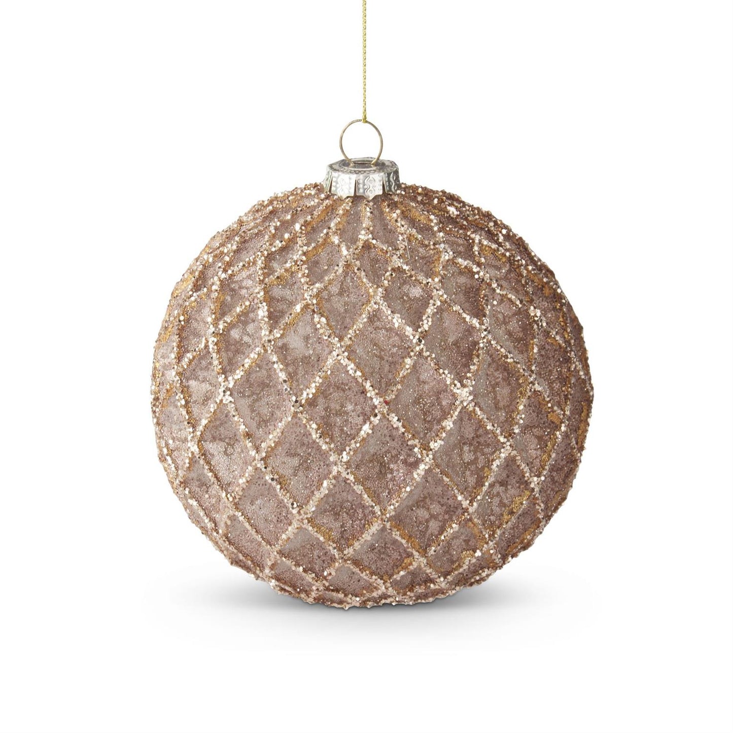 Glittered Brown Quilted Glass Round Ornament