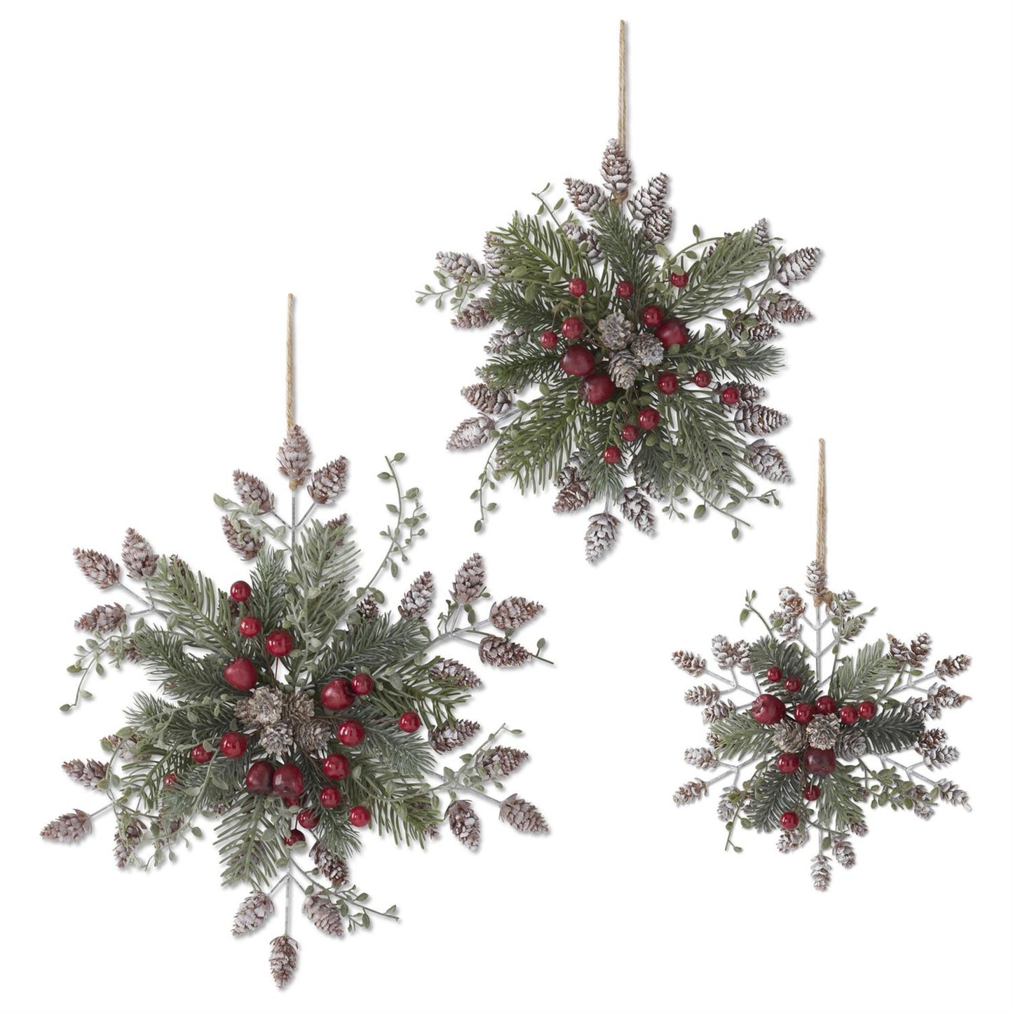 White Metal Snowflakes w/Pine Whitewashed Pinecones & Red (Set of 3)