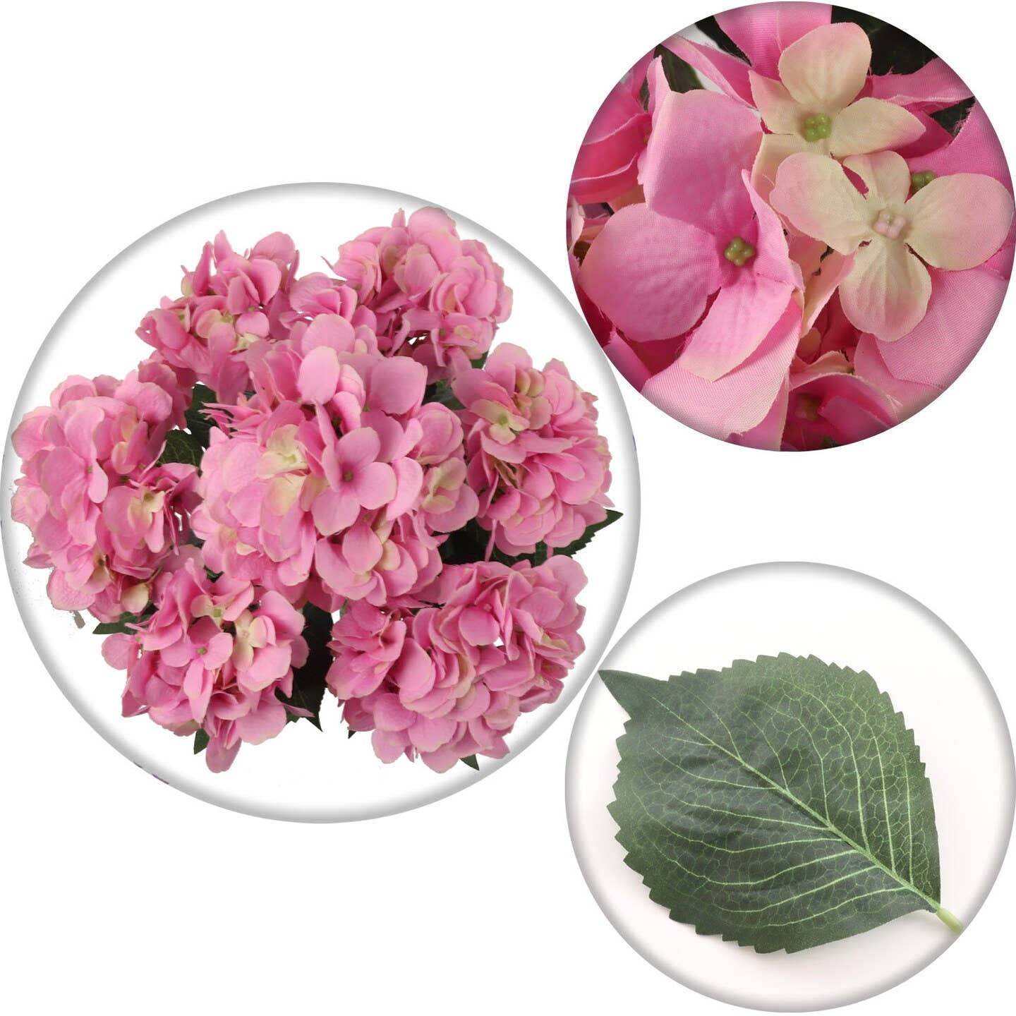 UV Resistant Pink Hydrangea Bush With 7 Silk Flowers & Foliage
