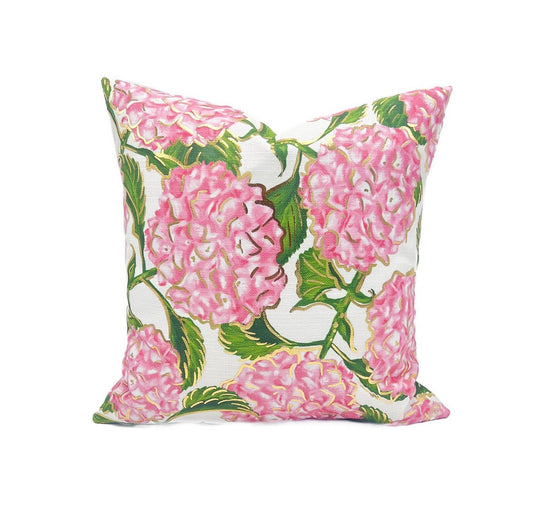 Gold Foil Pink Hydrangeas Pillow