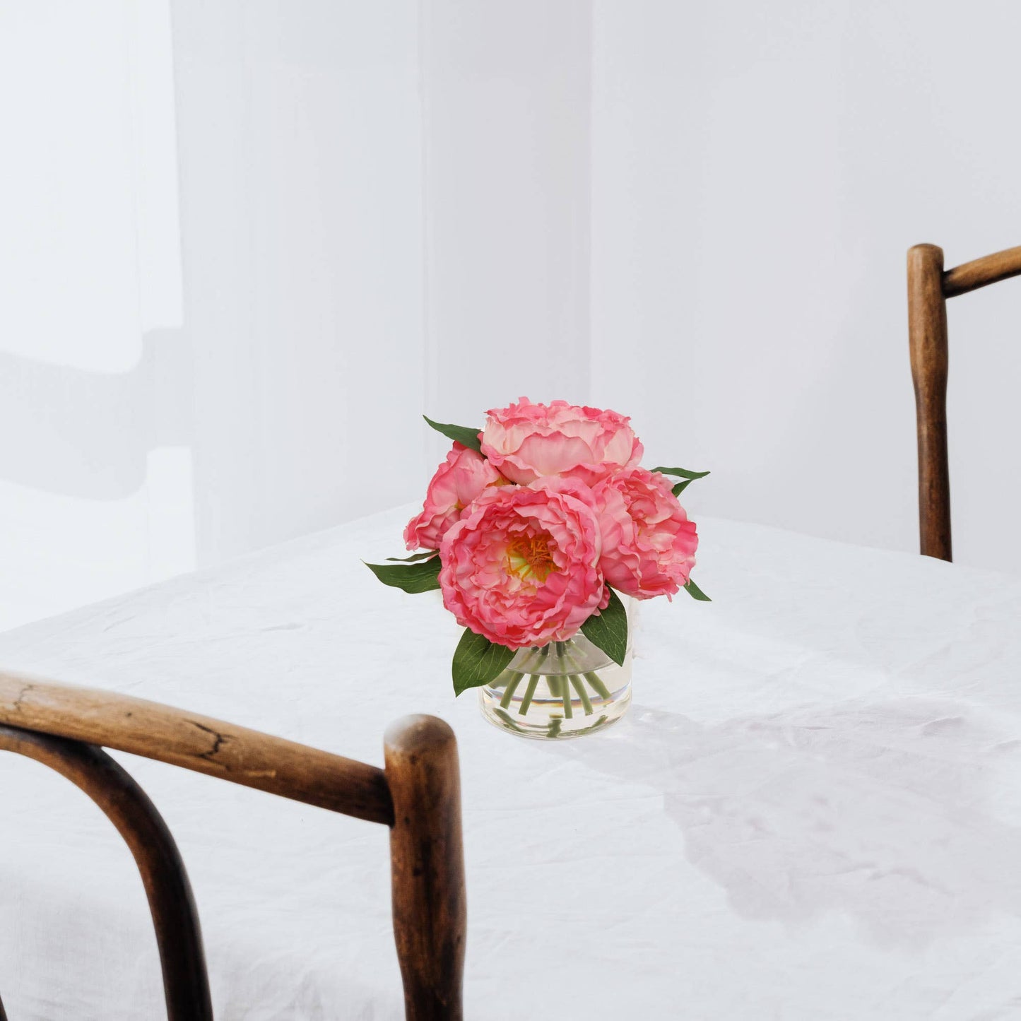 Pink Peony Arrangement W/ 7 Fronds In Glass Vase Faux Flower