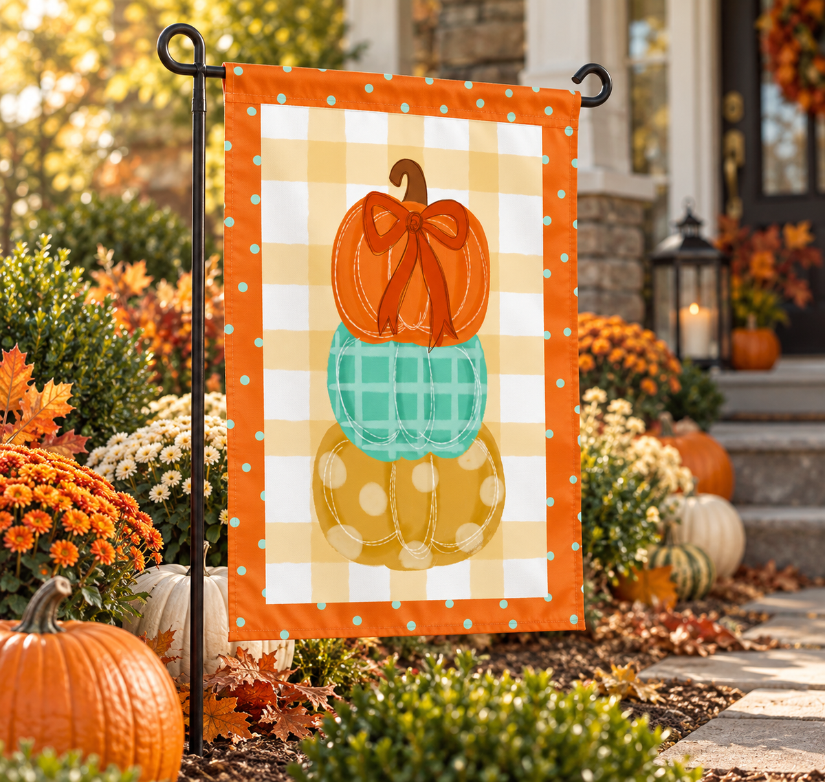 Stacked Trio Pumpkin Bow Garden Flag