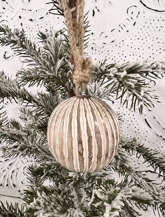 Striped Carved Mangowood Hanging Ball Ornament 2.5in - 49th & Magnolia
