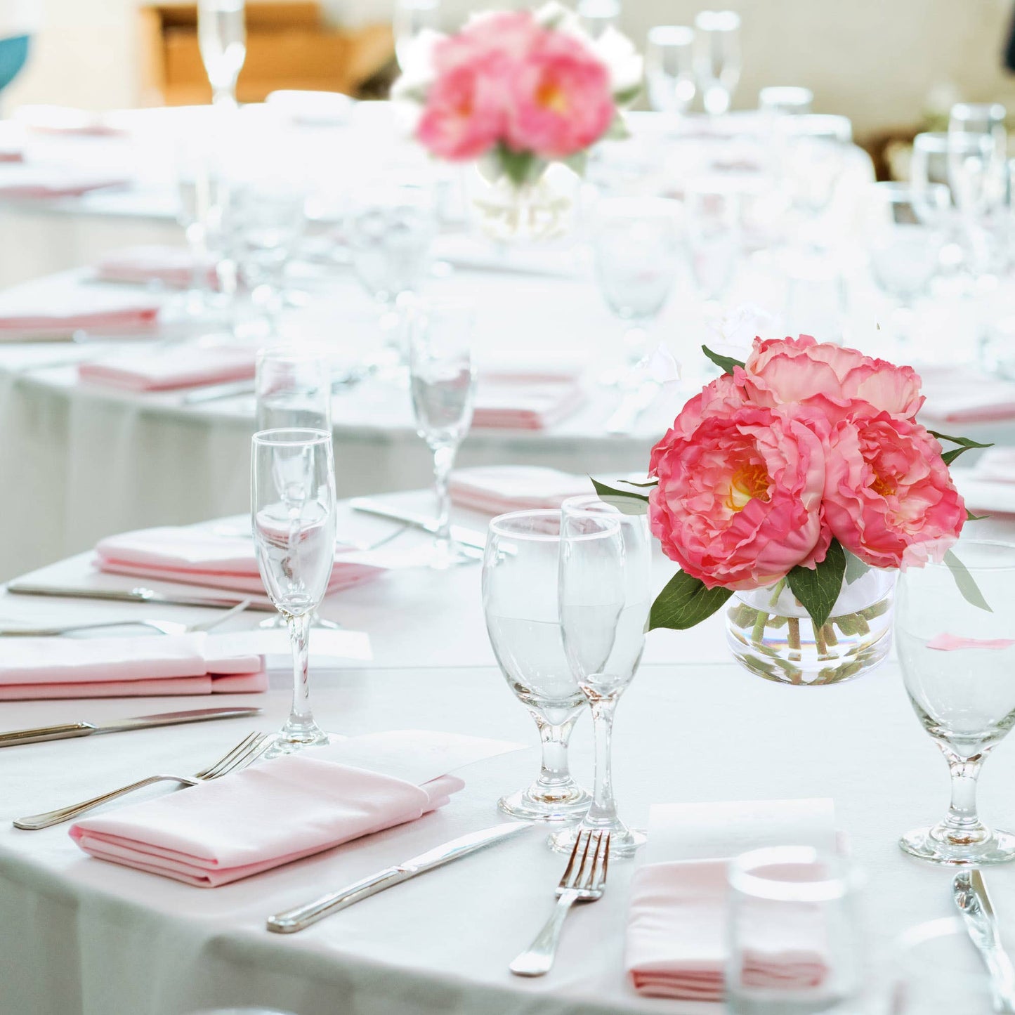 Pink Peony Arrangement W/ 7 Fronds In Glass Vase Faux Flower