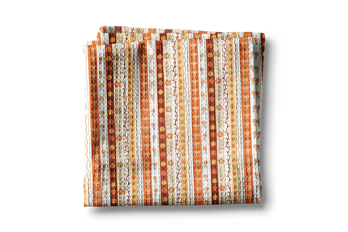 Fall Floral Stripe Blue Pumpkin Coastal Kitchen Towel Waffle