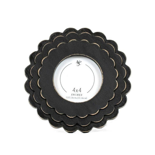 12089 - 8x8x1 wood scallop photo frame (ROUND) bk (4x4) - 49th & Magnolia