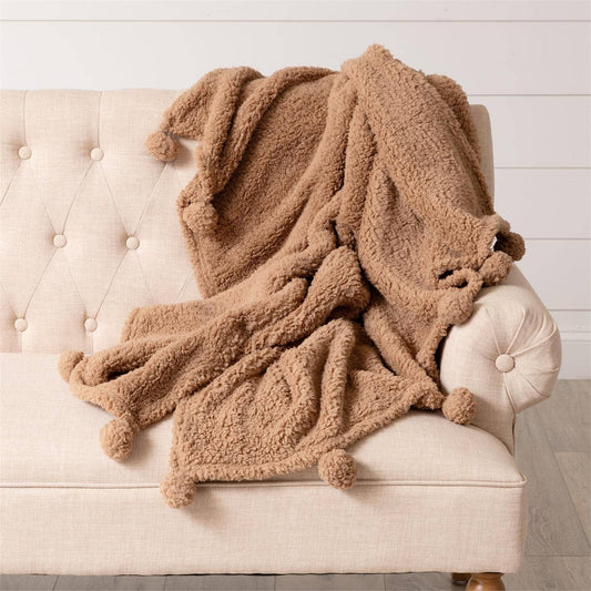 Dreamy Sherpa Throw With Pompoms - Taupe - 49th & Magnolia