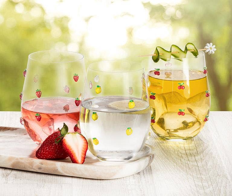 Stemless Wine Glass with Cherries-4.5"H(18oz)