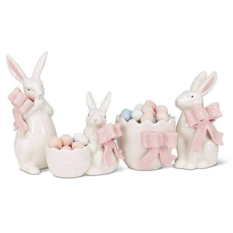 Bunny with Pink Bow Holding Egg-4"H
