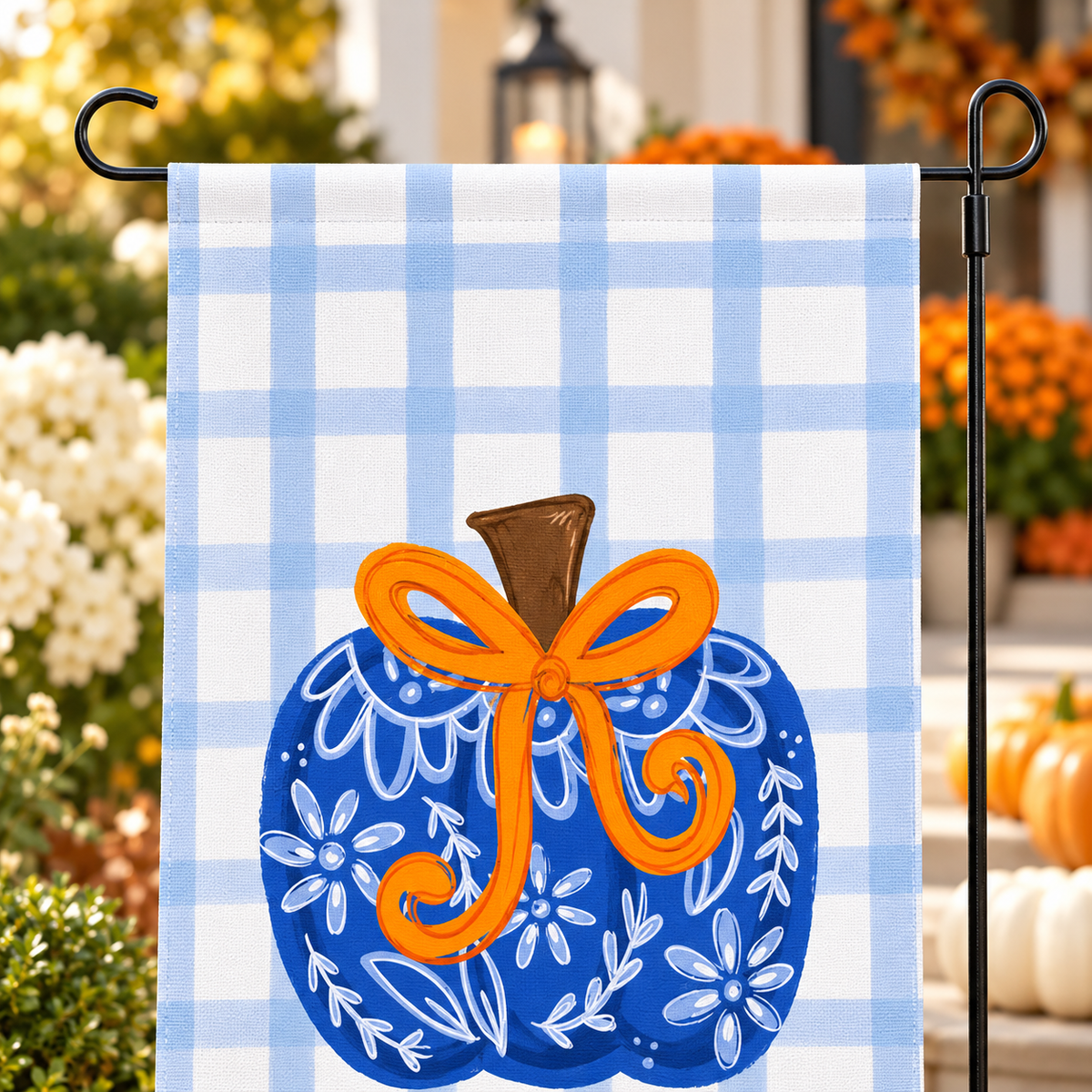 Blue Chinoiserie Bow Pumpkin Garden Flag