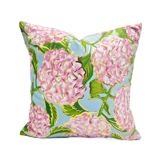 Gold Foil Pink and Blue Hydrangeas Pillow