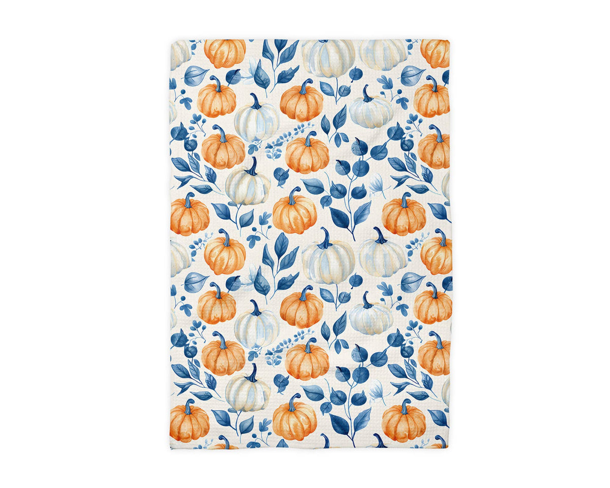 Blue Pumpkin Chinoiserie Fall Coastal Kitchen Towel Waffle
