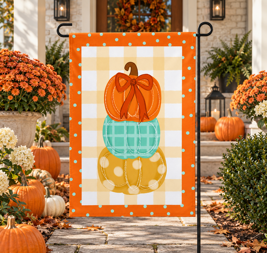 Stacked Trio Pumpkin Bow Garden Flag