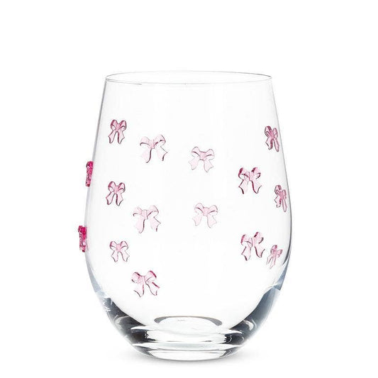 Stemless Wine Glass with Pink Bows-4.5"H(18oz)