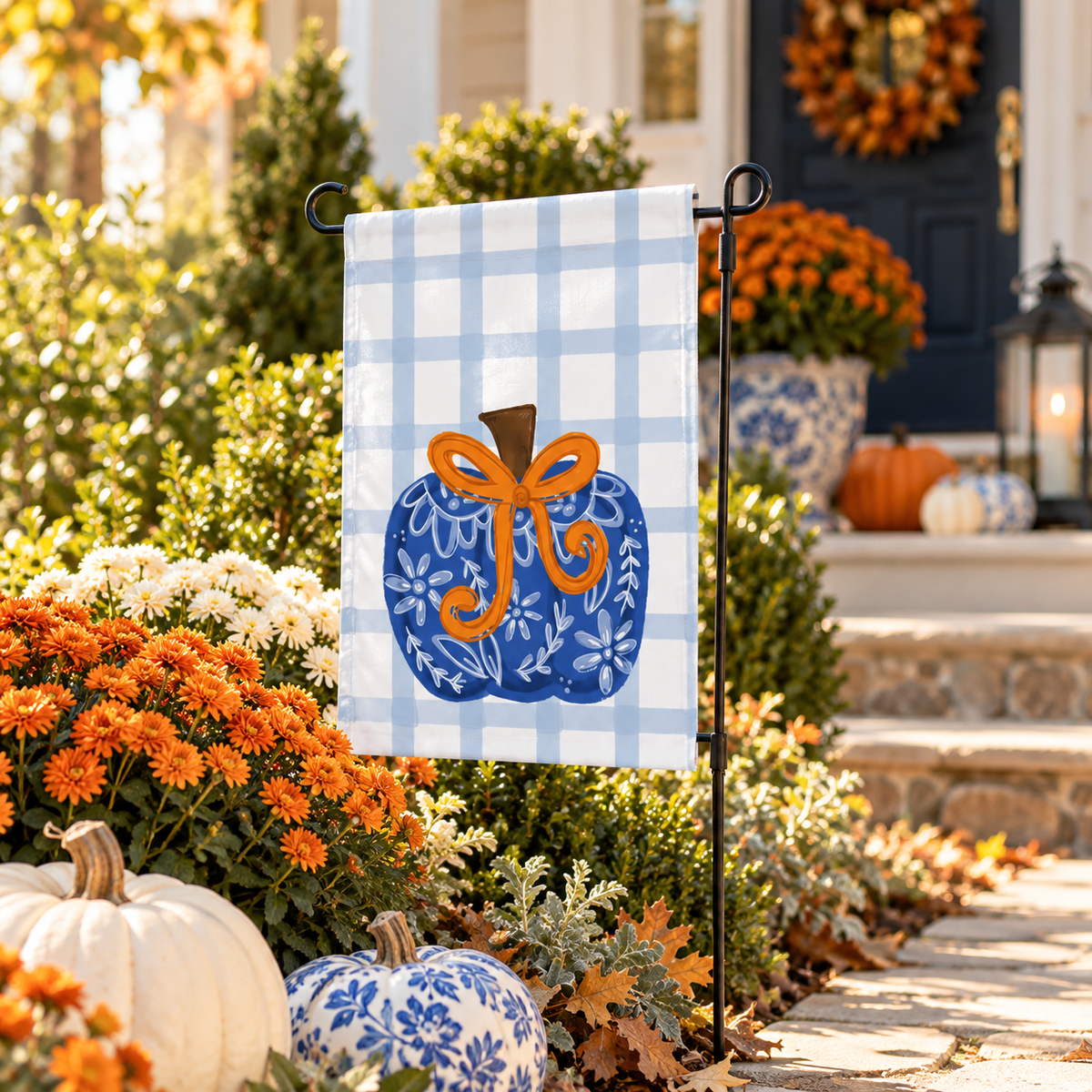 Blue Chinoiserie Bow Pumpkin Garden Flag