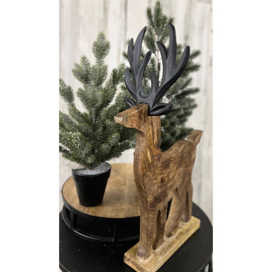 Wooden Reindeer with Black Aluminum Antlers 22x13in - 49th & Magnolia