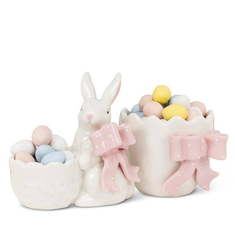 Bunny with Pink Bow Holding Egg-4"H