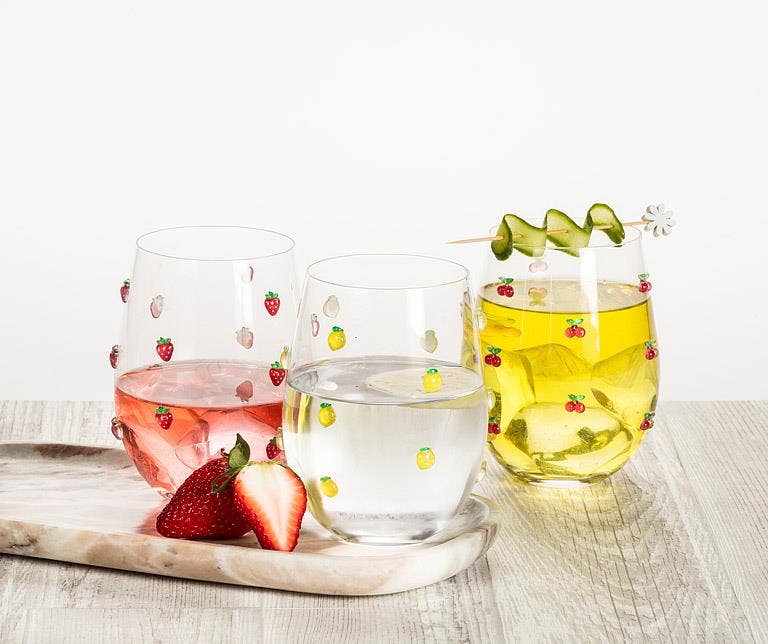 Stemless Wine Glass with Cherries-4.5"H(18oz)