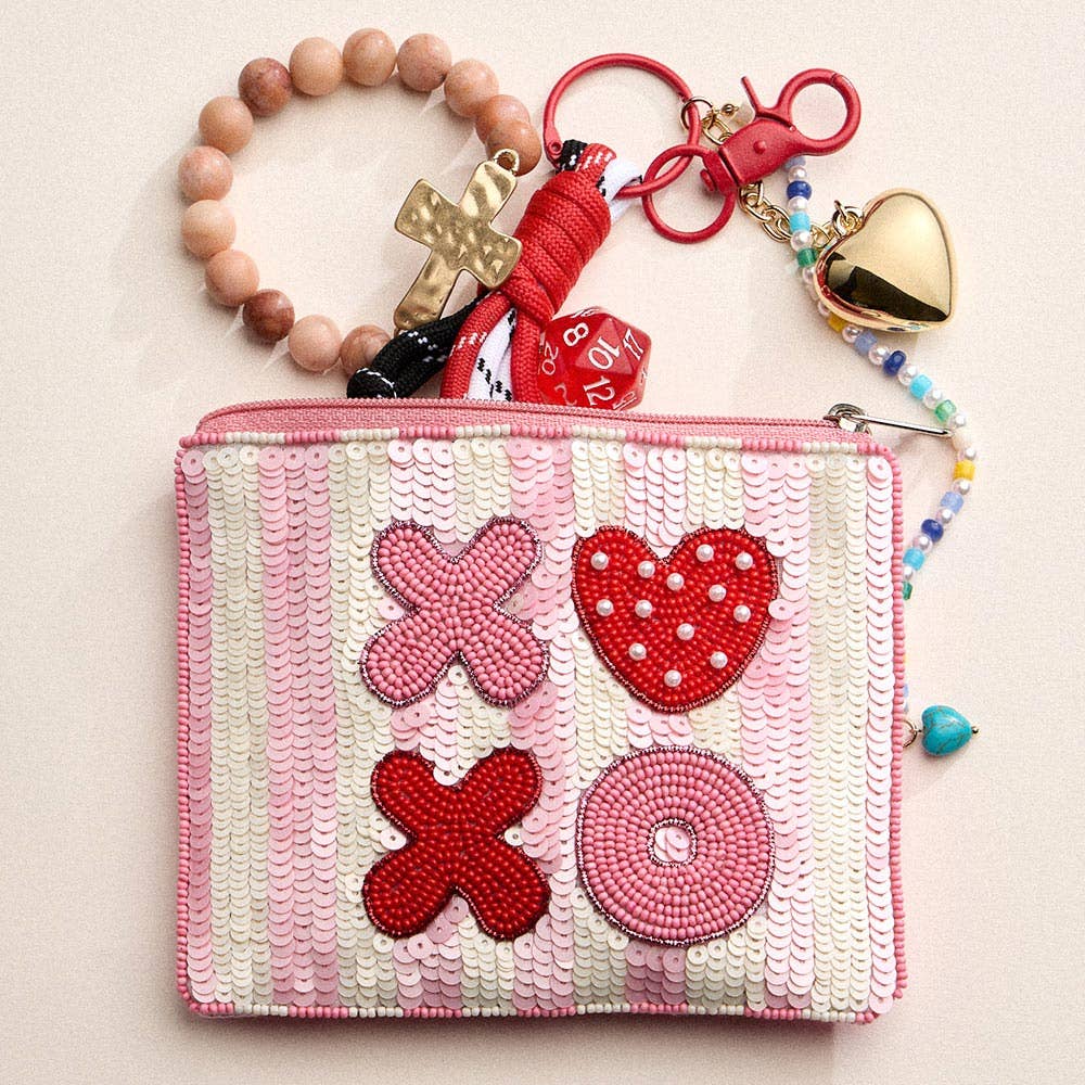 XOXO Message Striped Seed Beaded Mini Pouch Bag