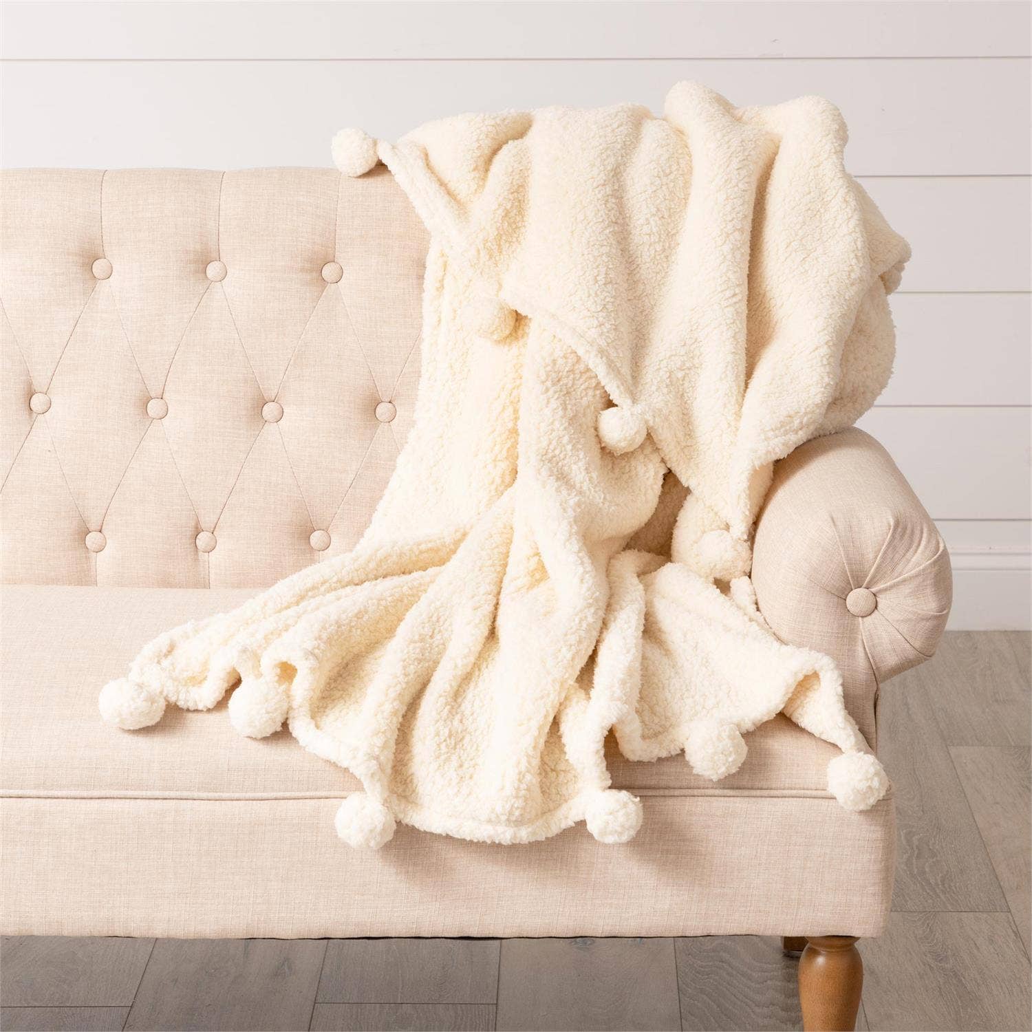 Dreamy Sherpa Throw With Pompoms - Ivory - 49th & Magnolia