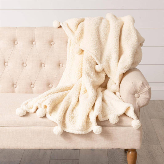 Dreamy Sherpa Throw With Pompoms - Ivory - 49th & Magnolia