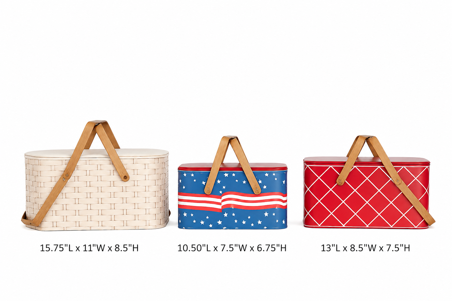 RED, WHITE & BLUE METAL PICNIC BASKETS