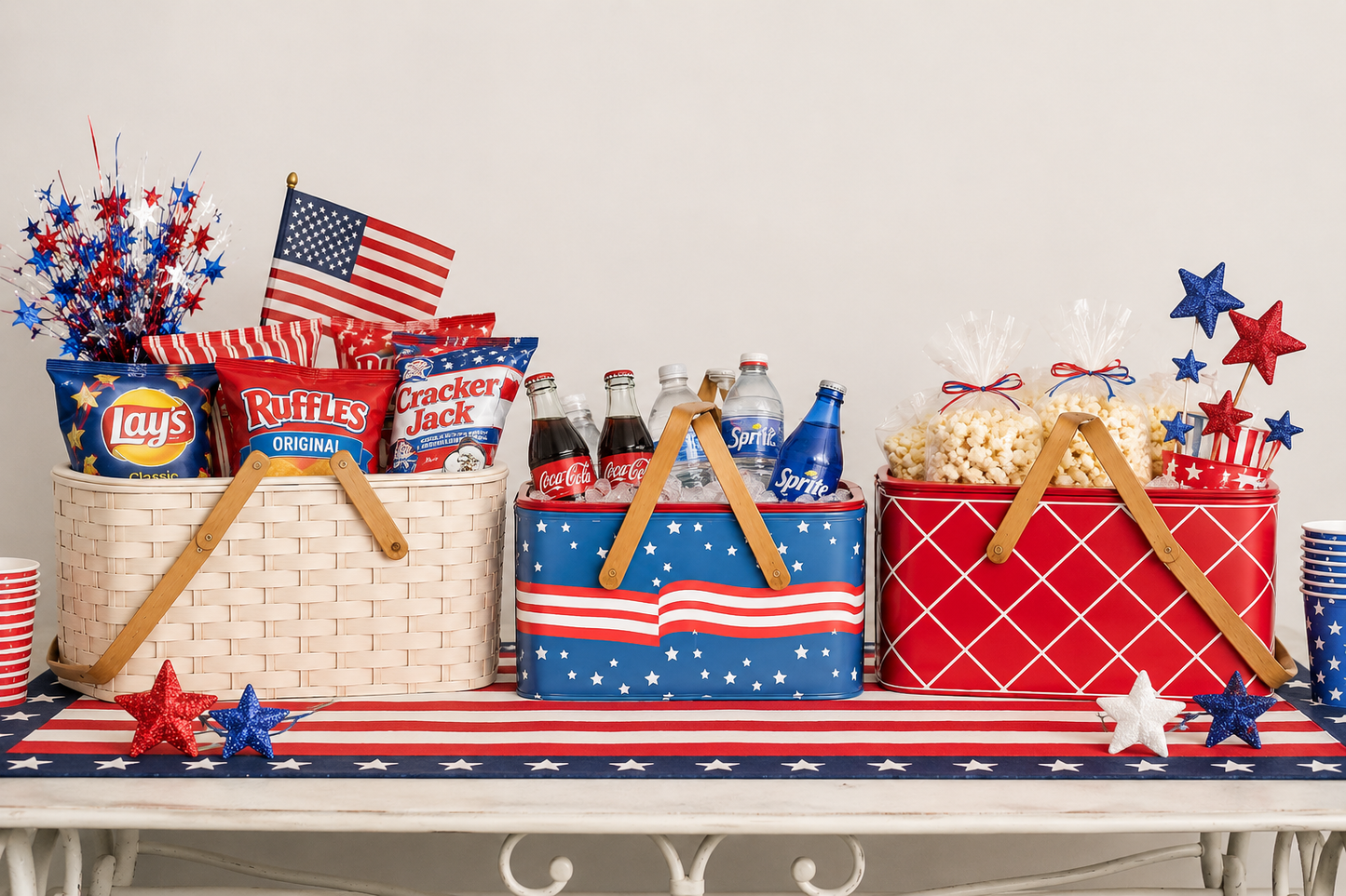 RED, WHITE & BLUE METAL PICNIC BASKETS