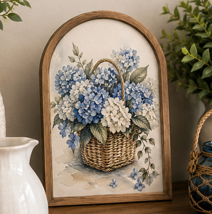 Arch Top Blue Hydrangeas Framed Art