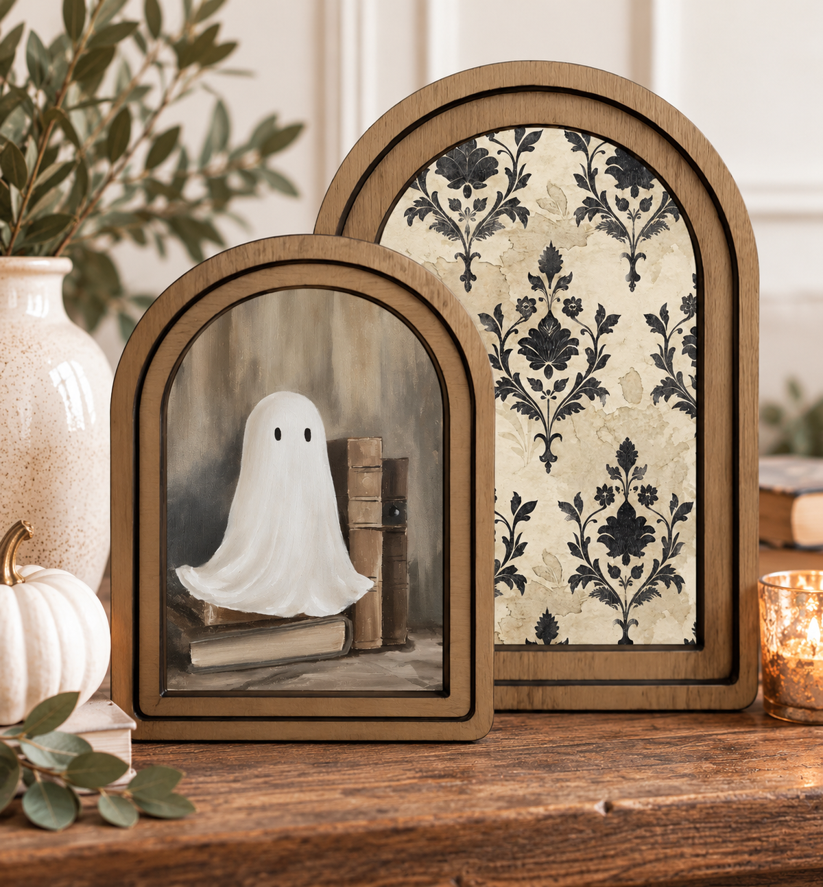 Arch Top Framed Canvas Set Library Ghost Wall Art Decor by Redeemed Decor