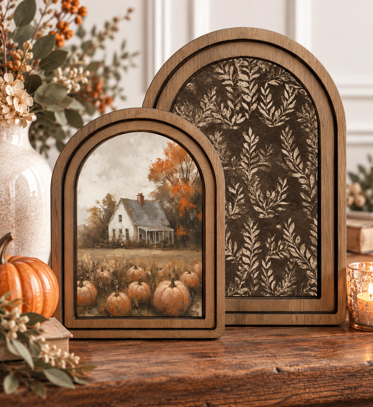 Arch Top Framed Layered Pumpkin Farmhouse Canvas Wall Art Set by Redeemed Decor