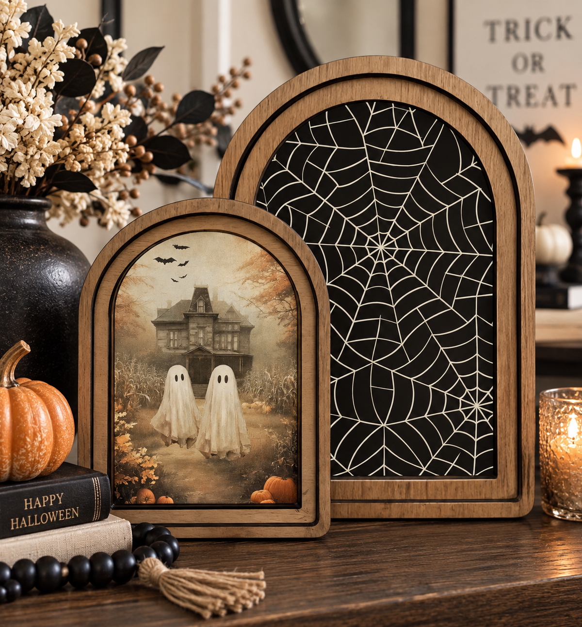 Seasonal Arch Top Layered Mansion Ghosts Canvas Wall Art Set by Redeemed Decor