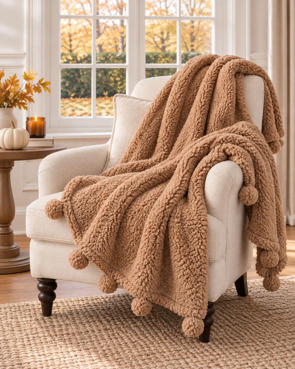 Dreamy Sherpa Throw With Pompoms - Taupe by Audrey's