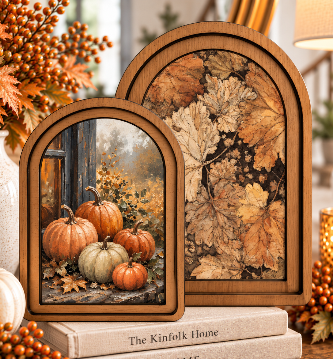 Premium Arch Top Layered Fall Pumpkins Framed Art Set by Redeemed Decor