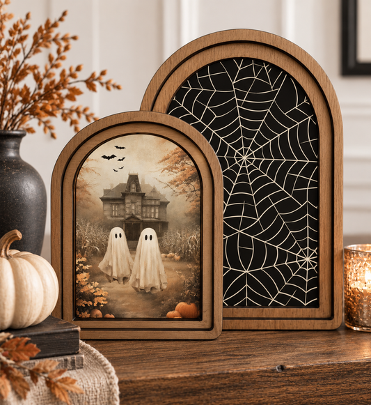 Seasonal Arch Top Layered Mansion Ghosts Canvas Wall Art Set by Redeemed Decor