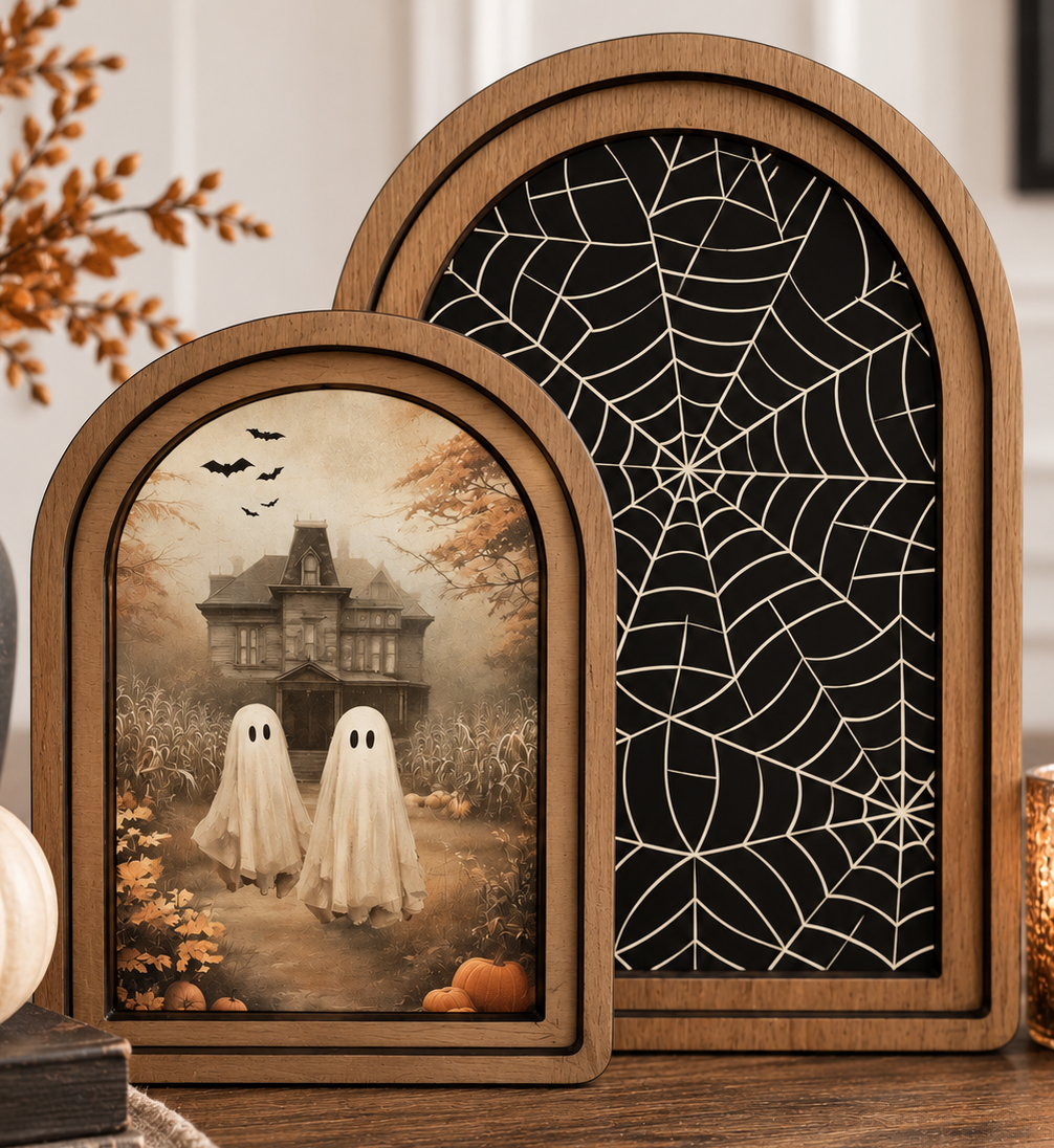 Seasonal Arch Top Layered Mansion Ghosts Canvas Wall Art Set by Redeemed Decor